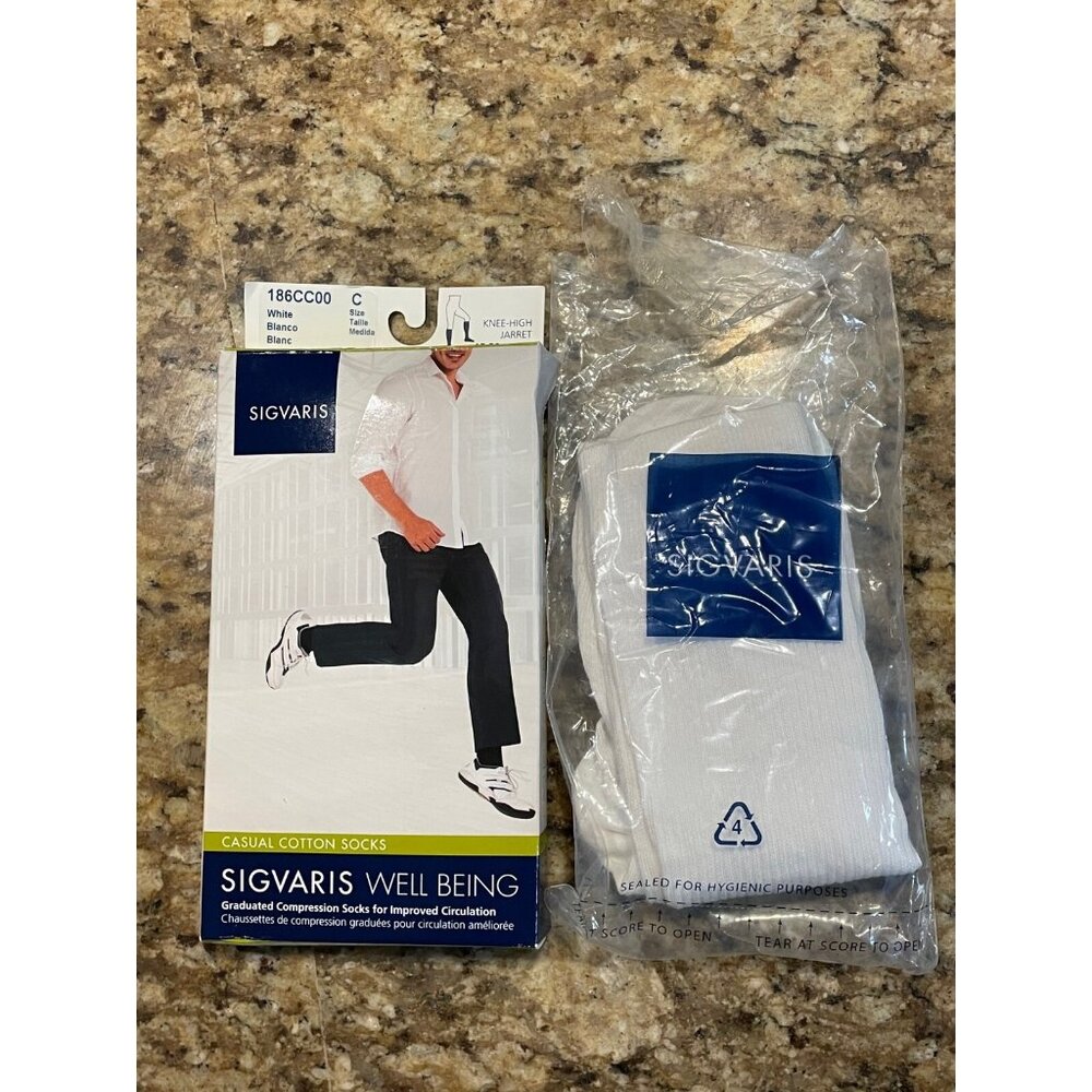 SIGVARIS 186C 15-20mmHg Size C Casual Cotton Socks Knee-High Jarret White